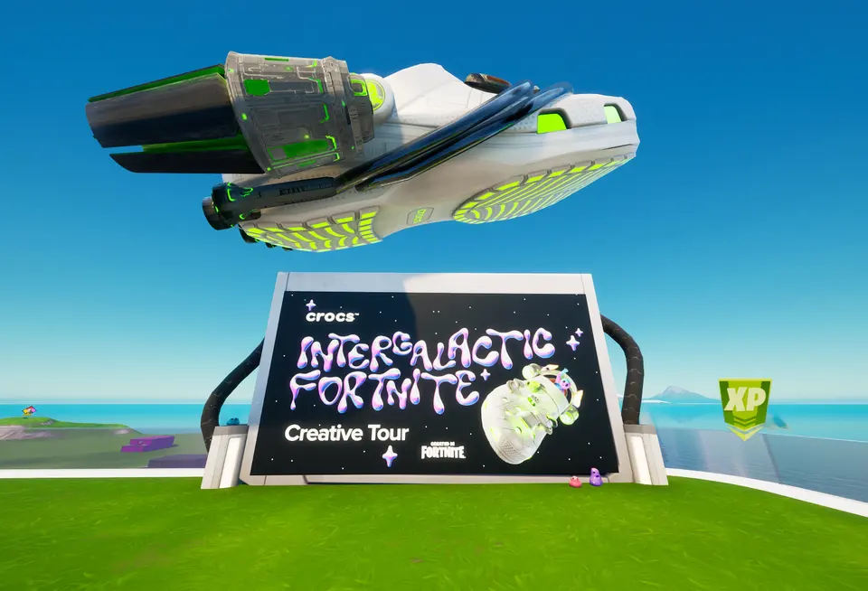 A giant floating Crocs shoe above the Crocs Intergalactic billboard in Fortnite