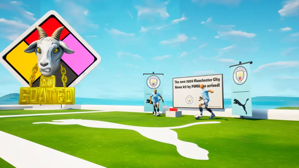 Manchester City and PUMA branding inside the Fortnite experience Go Goated