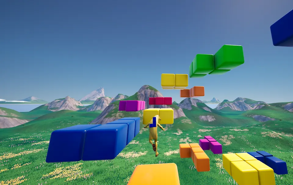 A player climbing Tetris blocks in the Fortnite map Color Climb