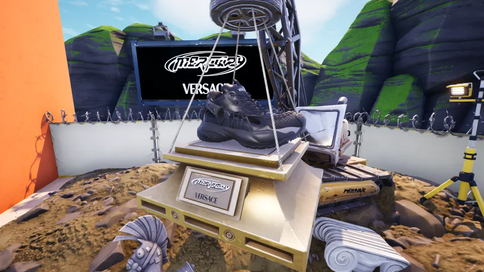 Versace Mercury sneaker displayed at an archaeological dig site in Fortnite