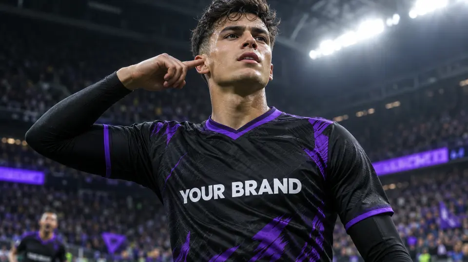 Illustration: a player in a custom kit with a sponsor wordmark