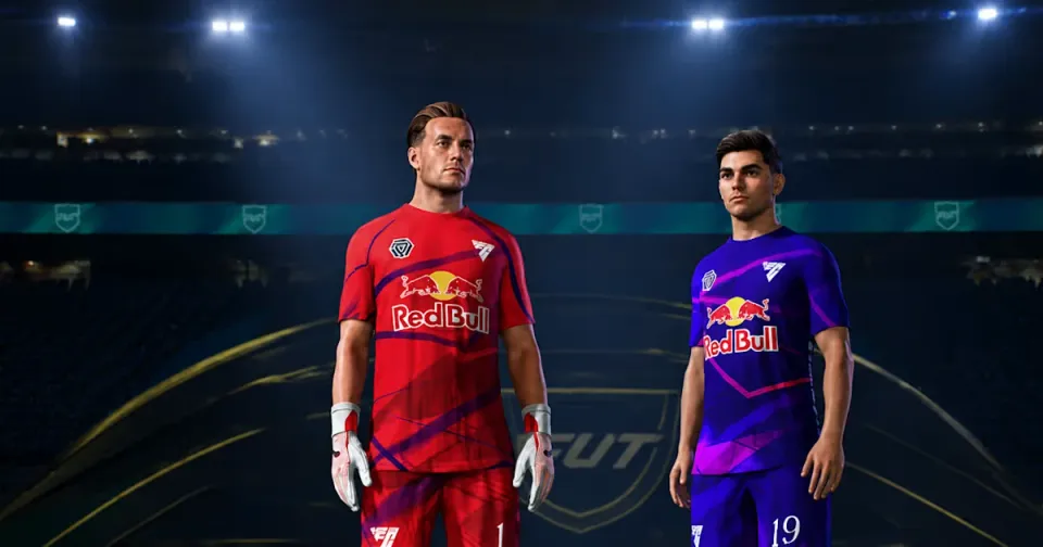 Two EA SPORTS FC players in Red Bull kits in front of the Ultimate Team logo
