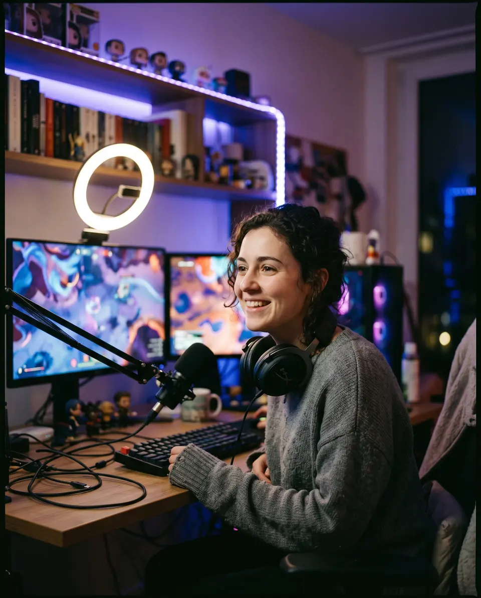 A game creator streaming from her desk