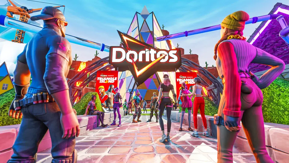 A branded entrance arch inside a Fortnite world, with players walking through
