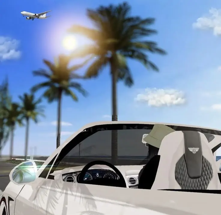 A convertible under palm trees in the Roblox roleplay game Berry Avenue