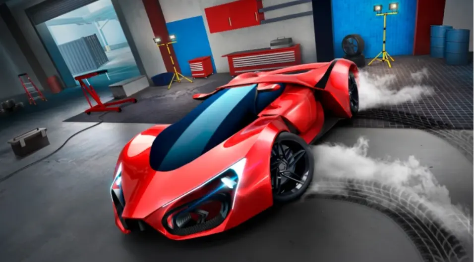 A red sports car drifting in the Roblox game Car Dealer Tycoon